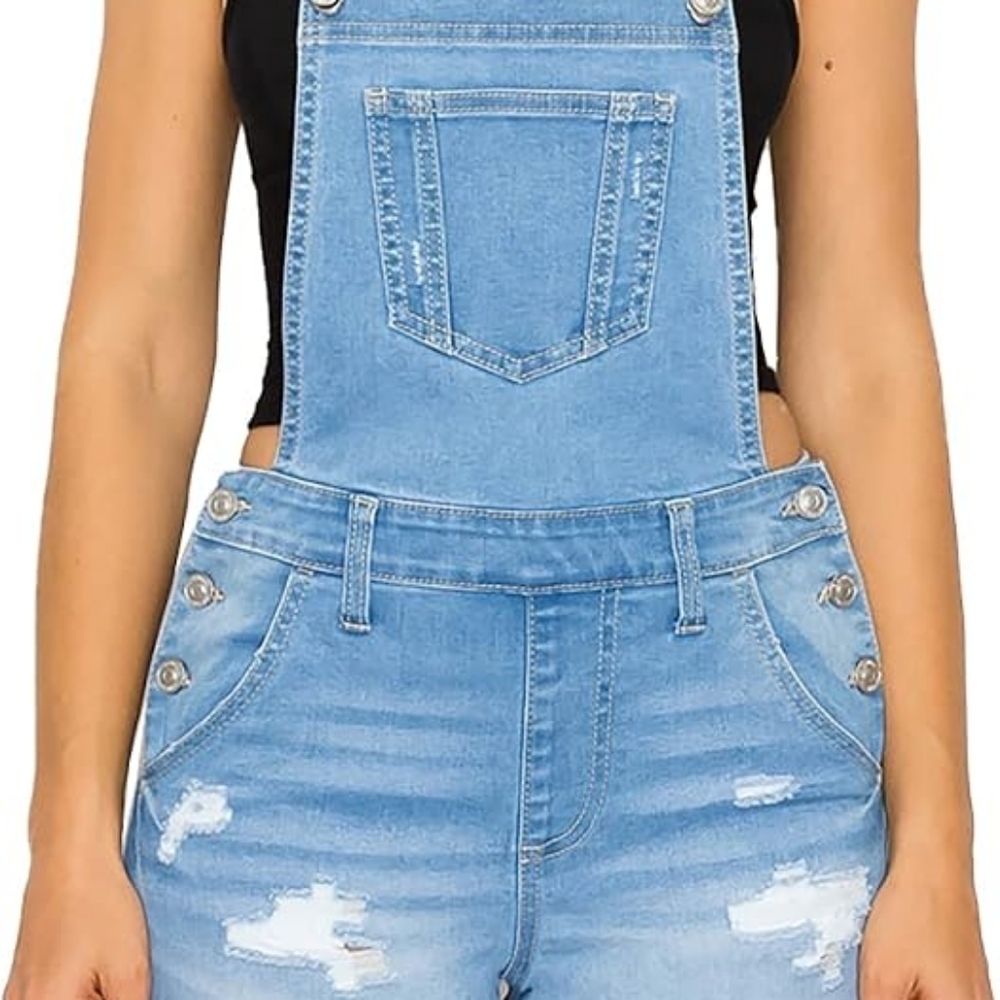 Wax Jean Light Blue Denim Distressed Shortalls Size M
